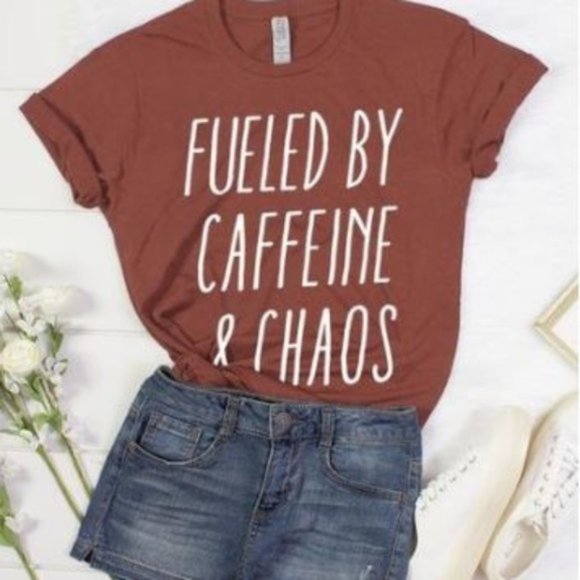 Fueled by Caffeine & Chaos Tee Fall Spice Red Small Boutique NWOT - Picture 2 of 7